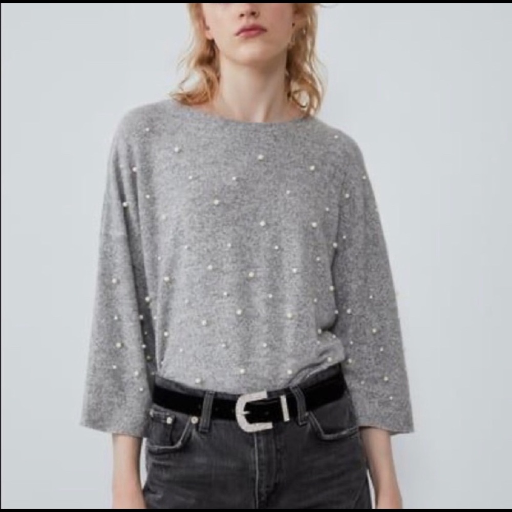 Zara Grey Embellished Pearl Sweater
